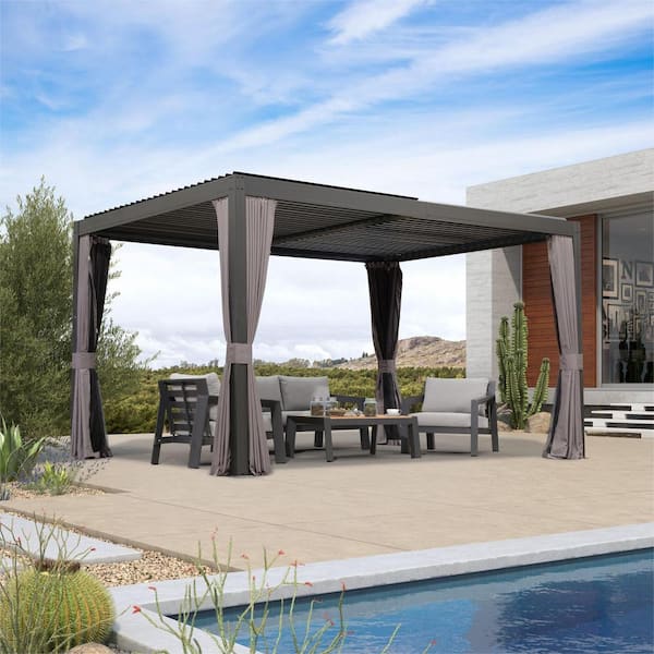 PURPLE LEAF 10 ft. x 13 ft. Gray Aluminum Louvered Pergola Hardtop Gazebo with Adjustable Sun Shade Flat Roof and Netting Curtains