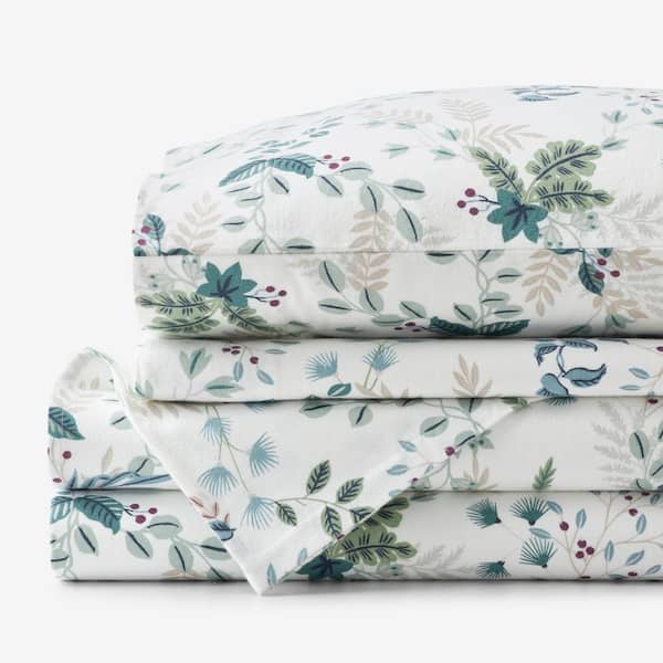 The Company Store Company Cotton Classic Holiday Print White Multi Verde Floral Velvet Flannel Full Sheet Set