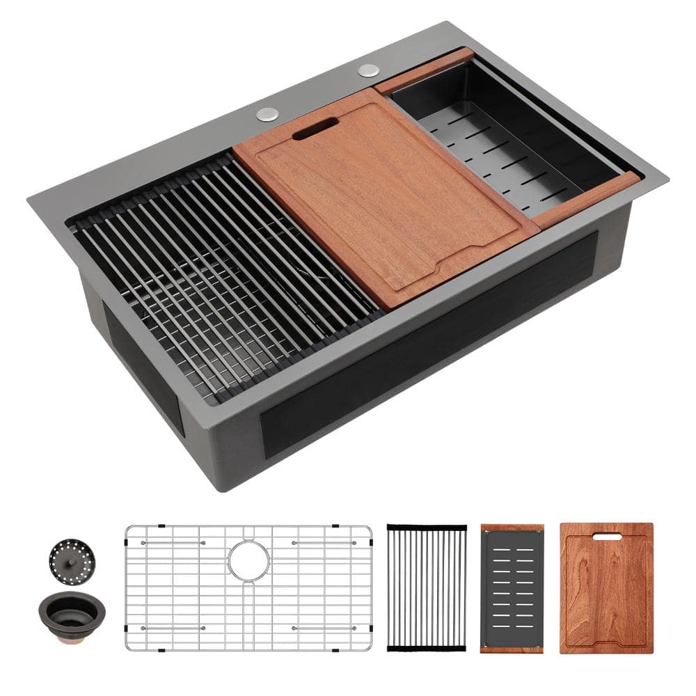 33 in. Drop-In Single Bowl 16 Gauge Gunmetal Black Stainless Steel Workstation Kitchen Sink with Bottom Grid price history on PriceWatchPro