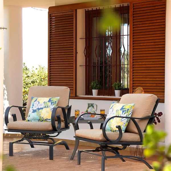 Afoxsos 3-Piece Metal Outdoor Rocking Chair Set with Brown Cushion and Coffee Table, Patio Conversation Set for Porch Garden