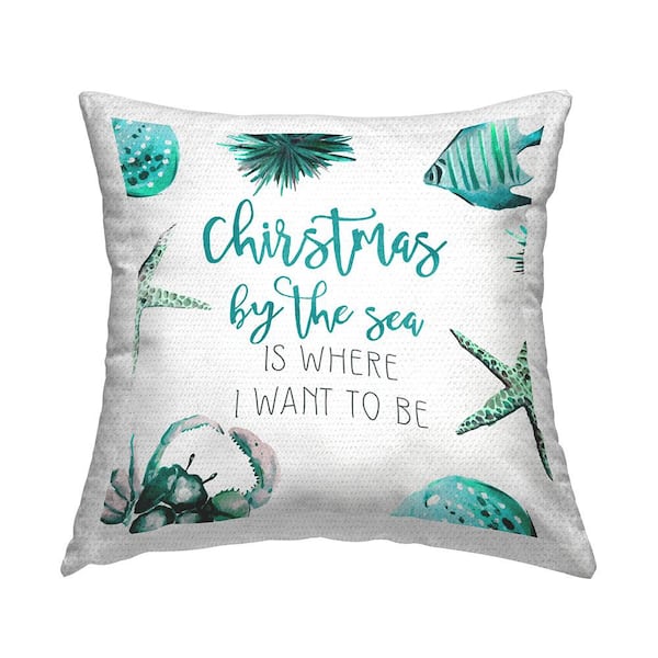 Stupell Industries Christmas By The Sea Teal Phrase Green Square Outdoor Throw Pillow