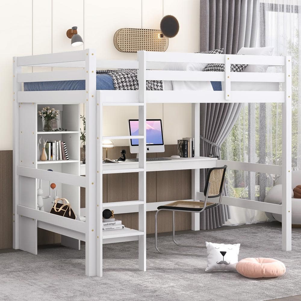 Harper & Bright Designs White Full Size Loft Bed with Storage Shelves ...