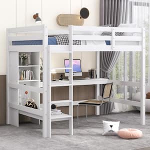 White Full Size Loft Bed with Storage Shelves and Under-bed Desk