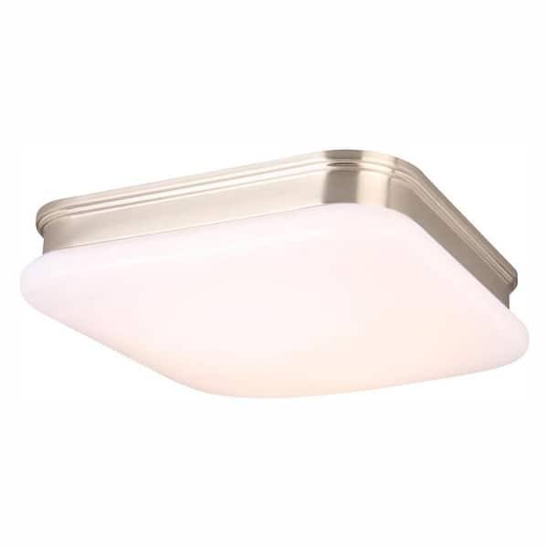 Hampton Bay 11 in. 120-Watt Equivalent Brushed Nickel Square Integrated LED Flush Mount with White Glass Shade