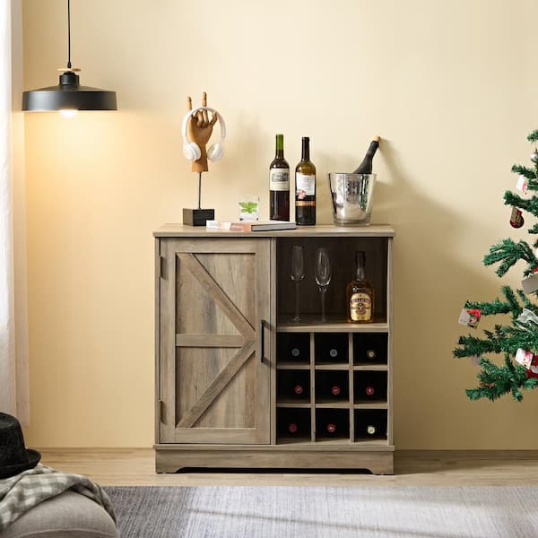 Tileon Gray Wash Farmhouse Coffee Bar Cabinet with Wine Rack Barn