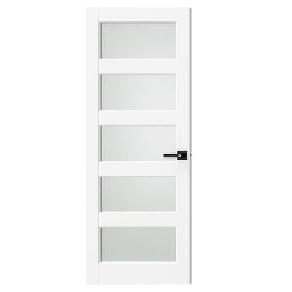 30 in. x 80 in. MDF Composite, Primed, White, 5-Lite, Frosted Glass Interior Door Slab With Black Lever Handle