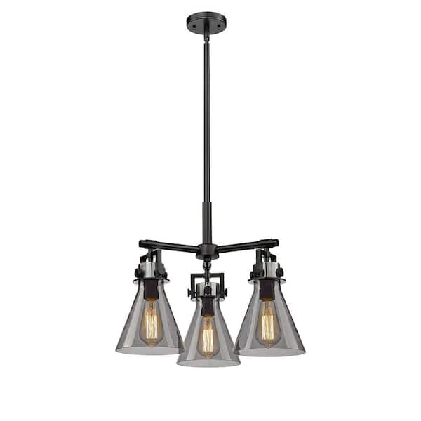 Newton Cone 33-Watt 3-Light Matte Black Shaded Pendant Light Tinted Glass Shade