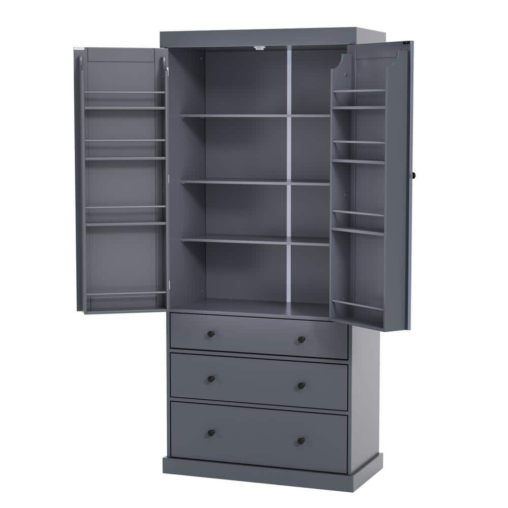 77 in. Gray Freestanding Kitchen Pantry Tall Storage Cabinet with 3 Adjustable Shelves, 8 Door Shelves, 3 Drawers