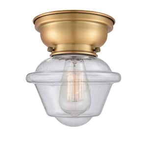 Oxford 7.5 in. 1-Light Brushed Brass Flush Mount with Seedy Glass Shade