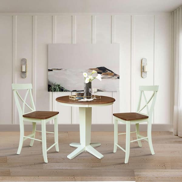 International Concepts 3-Piece Hickory/Shell Solid Wood 36 in Round Top Counter Height Pedestal Table Set with 2 X-Back Counter Stools, Seats 4