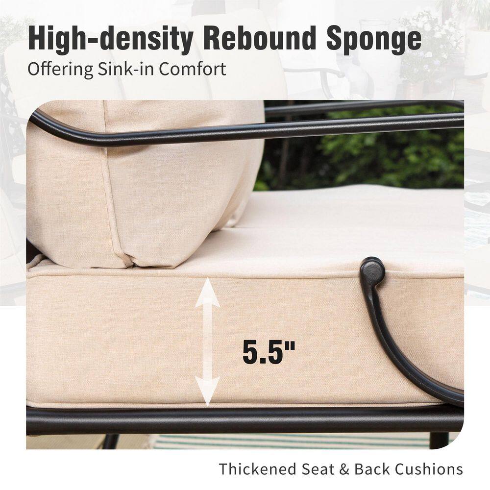Close-up showing the 5.5-inch thickness of the beige seat cushion.