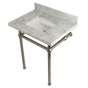 Square Sink Washstand 30 in. Console Table in Carrara with Metal Legs in Polished Nickel