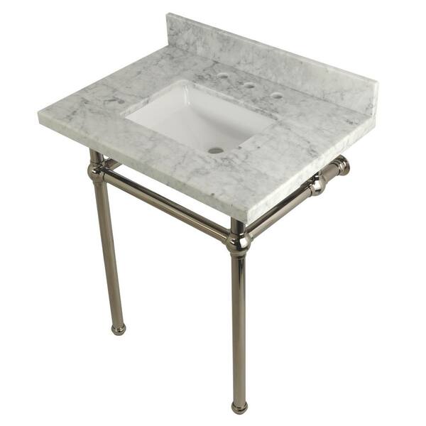 Kingston Brass Square Sink Washstand 30 in. Console Table in Carrara with Metal Legs in Polished Nickel