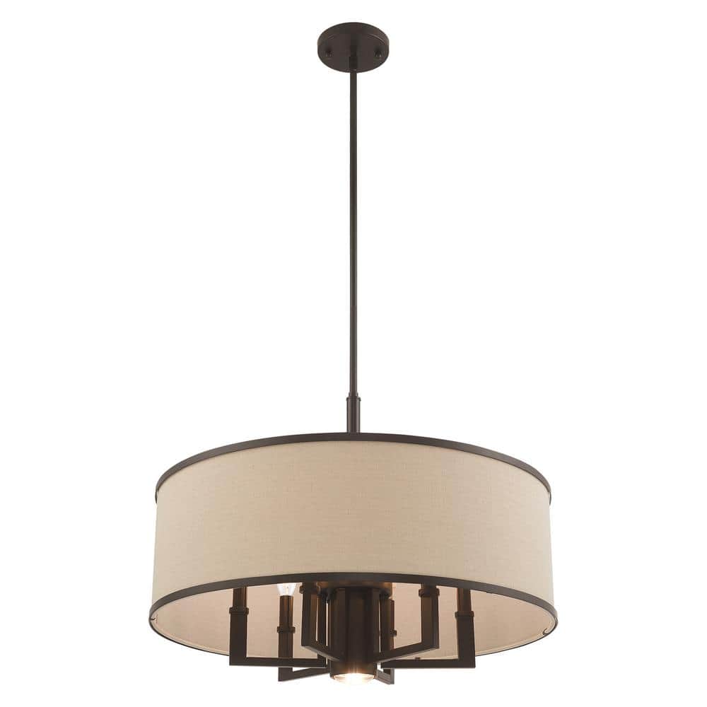 Bronze Drum Pendant with Handcrafted Linen Shade - 7 Light