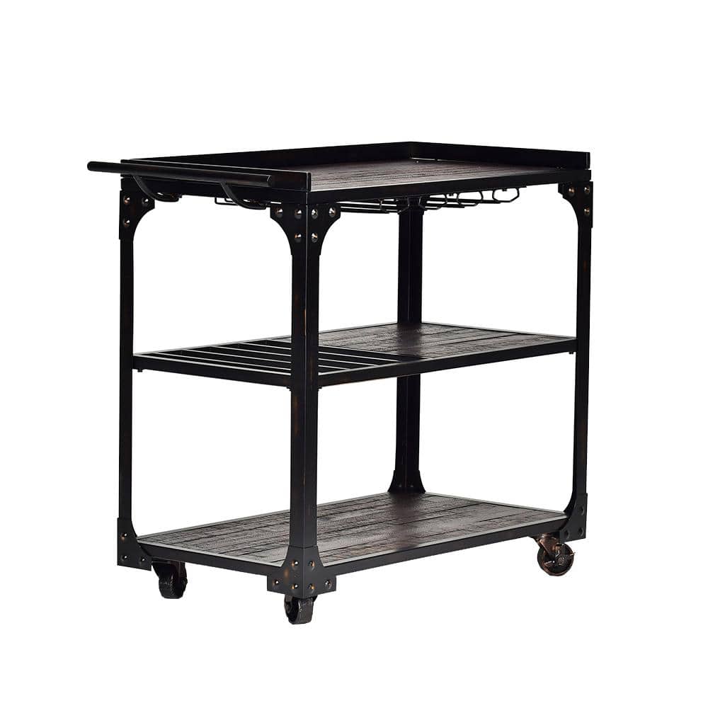 Rustic Black and Brown Wood Server Cart with Wine Rack