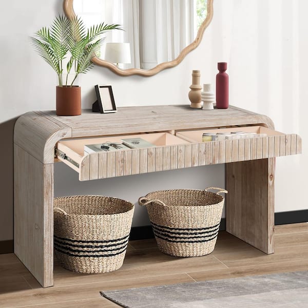 Vintage Farmhouse 59 in. Natural Wood Rectangle Solid Wood MDF Console Table with Hidden Drawers