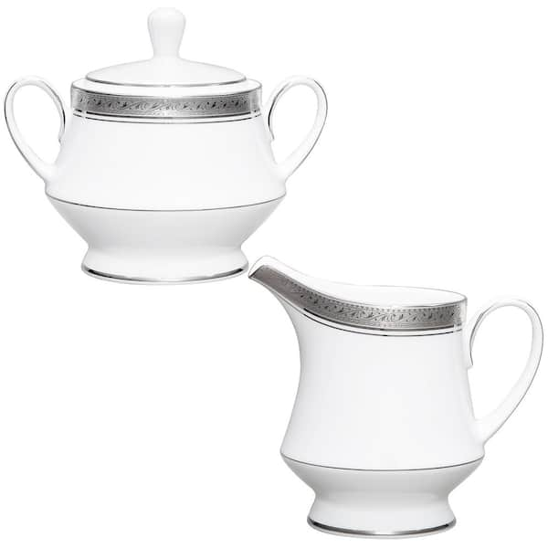 Noritake Crestwood Platinum Porcelain 10 oz. Sugar and 8 fl. oz. Creamer Set