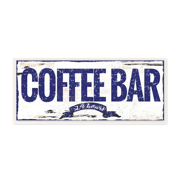 Stupell Industries 7 in. x 17 in. "Blue and White Rustic Coffee Bar 24 Hours Sign with Ribbon" by Artist Marilu Windvand Wood Wall Art