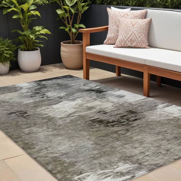 Taupe, Beige, Ivory 8 ft. x 10 ft.  Woven Abstract Polyester Rectangle Indoor / Outdoor Area Rug