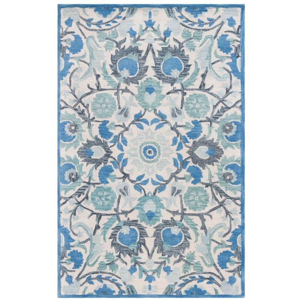 Antiquity 3 ft. x 5 ft. Ivory/Blue Floral Geometric Area Rug