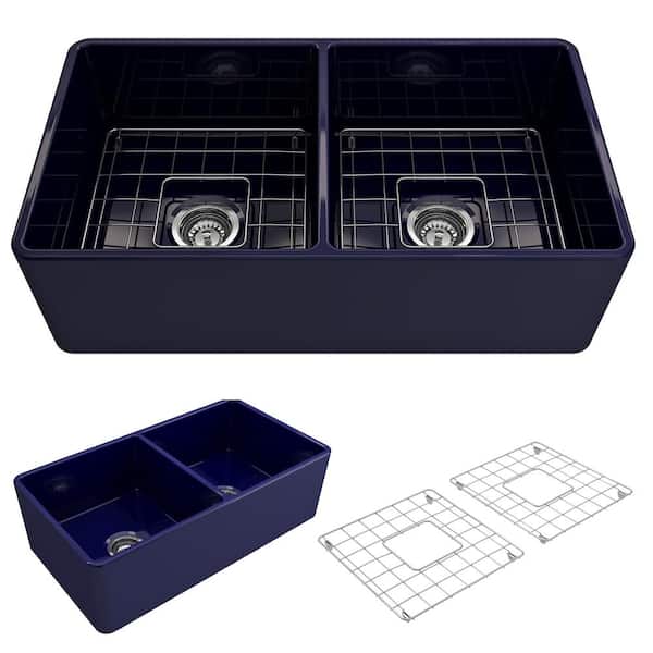 BOCCHI Classico Farmhouse Apron Front Fireclay 33 in. Double Bowl Kitchen Sink with Bottom Grid and Strainer in Sapphire Blue
