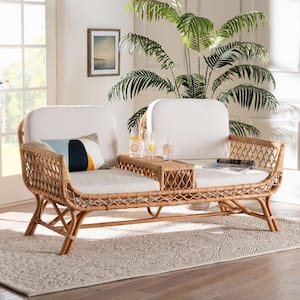 Pakis 63.4 in. Flared Arm Natural Rattan and Fabric Cushion Tete-A-Tete Rectangle Sofa in Light Honey
