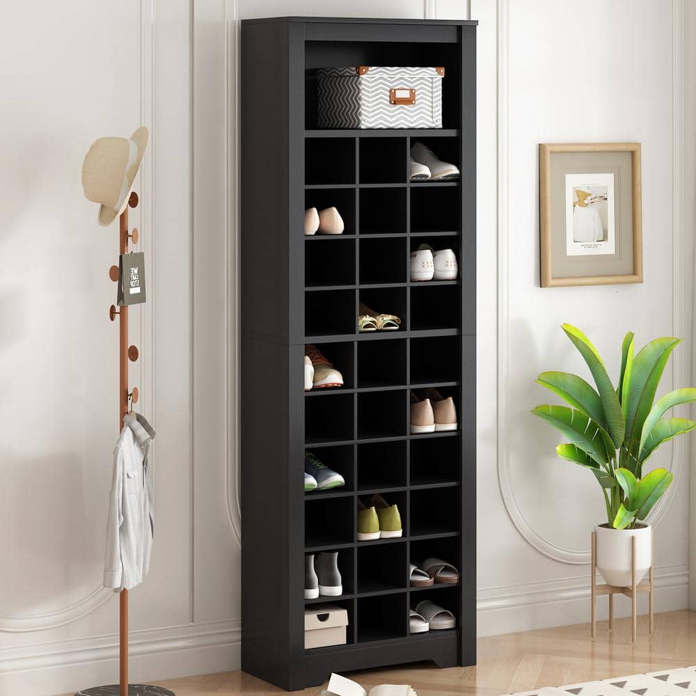 Modern Tall 73.8 in. H x 24.4 in. W Black Wood Shoe Storage Cabinet, 30 Cub