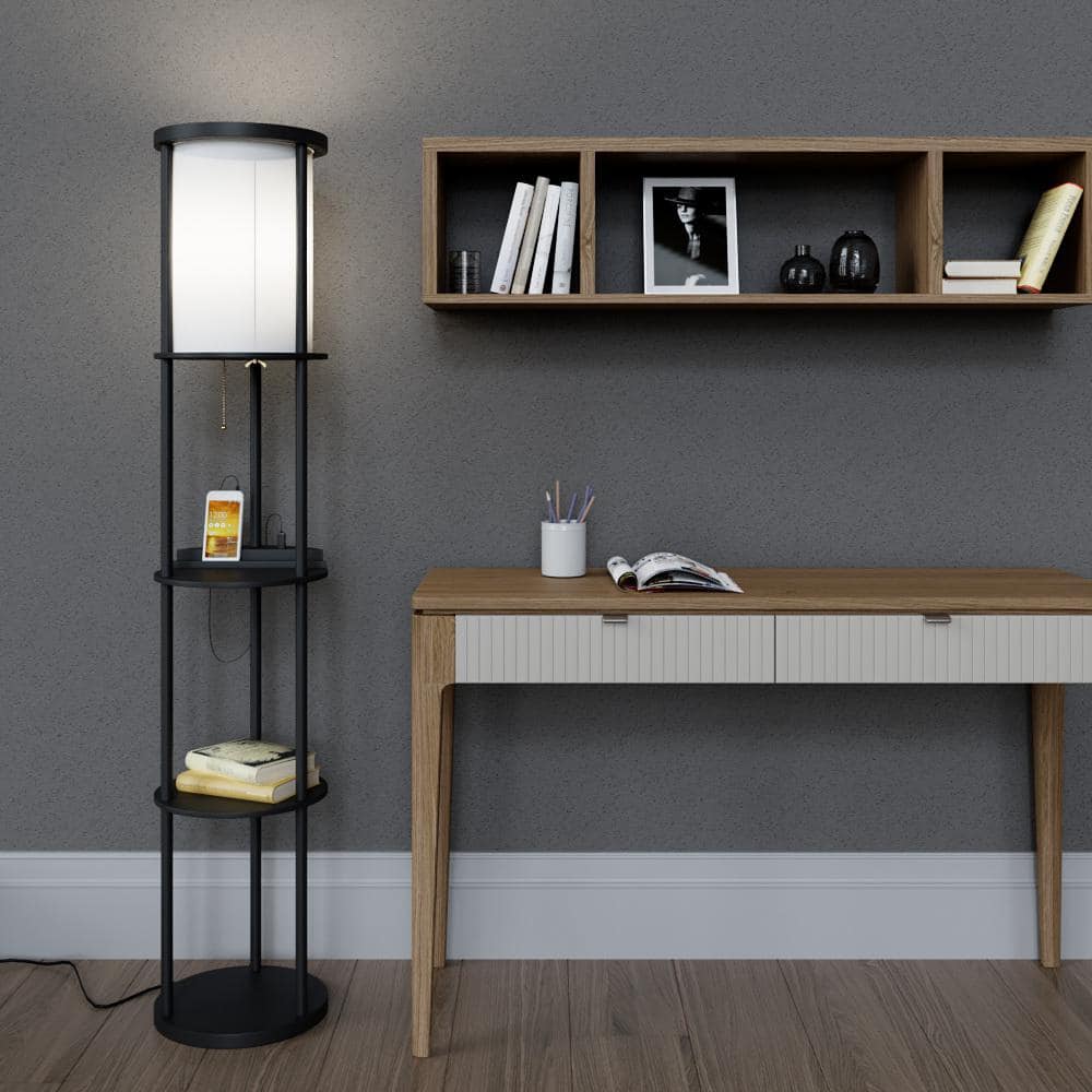 Tall Black Shelf Floor Lamp with White Fabric Shade