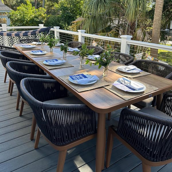 9-Piece Aluminum Wicker Dining Table Oversize and Armchairs Patio Outdoor Dining Set Furniture Set with Cushions, Grey