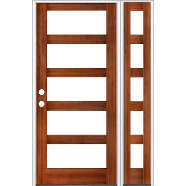 Krosswood Doors 56 in. x 96 in. Modern Hemlock Right-Hand/Inswing 5-Lite Clear Glass Red Chestnut Stain Wood Prehung Front Door