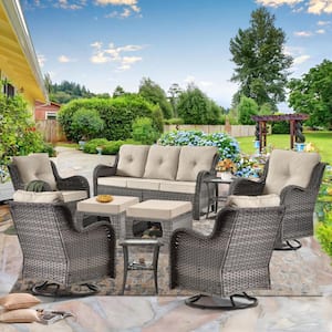 Gray 9-Piece Wicker Outdoor Patio Conversation Set Swivel Rocking Chairs with Beige Cushions and Ottomans