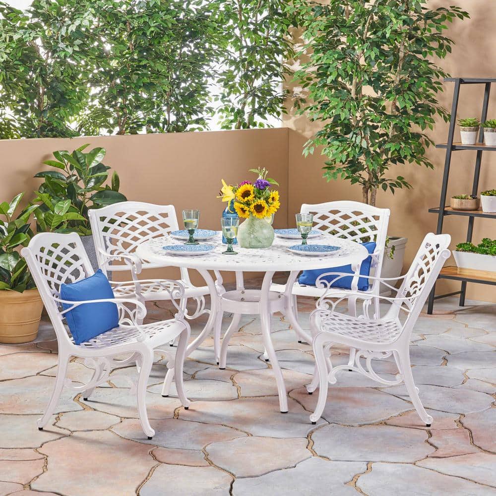 Noble House Phoenix White 5-Piece Aluminum Outdoor Patio Dining