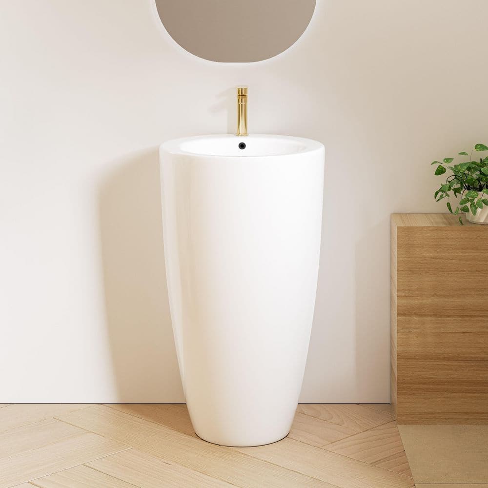Glossy White Ceramic Round Pedestal Bathroom Sink with Overflow