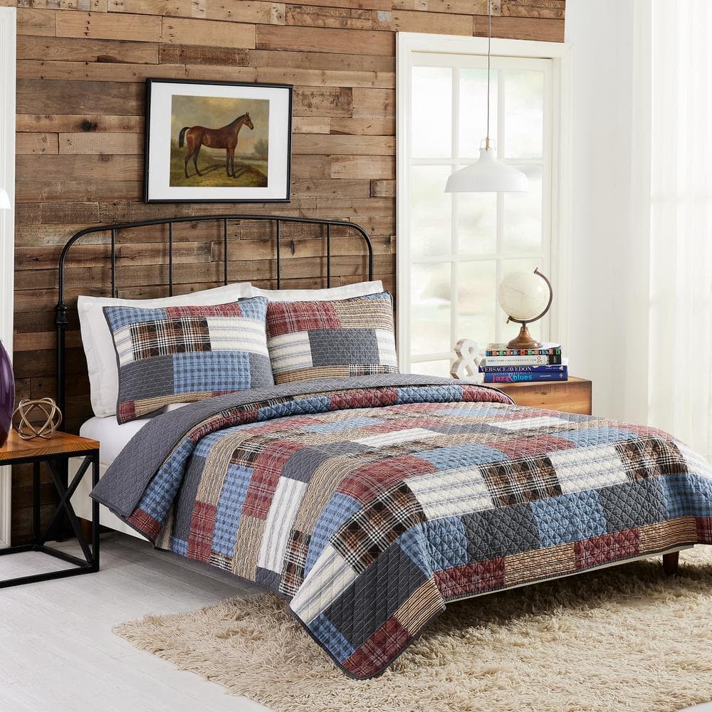 Rustic Patchwork Cotton Full Quilt Set in Gray and Multicolor