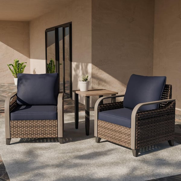 3-Piece Brown Wicker Patio Bistro Set Outdoor Single Sofa Set with Blue Cushions