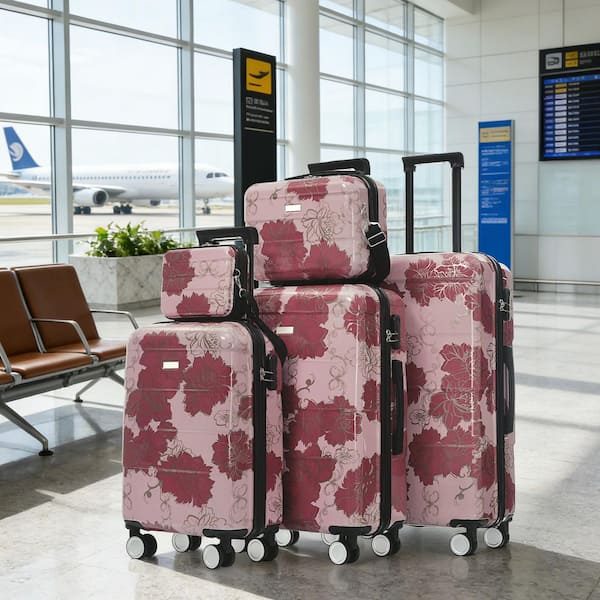 5 Bags 5-Piece Purple Pink Flower PC Hardshell Double Spinner 20"24"28" Luggage Set with 8" Case, 14" Cosmetic Case