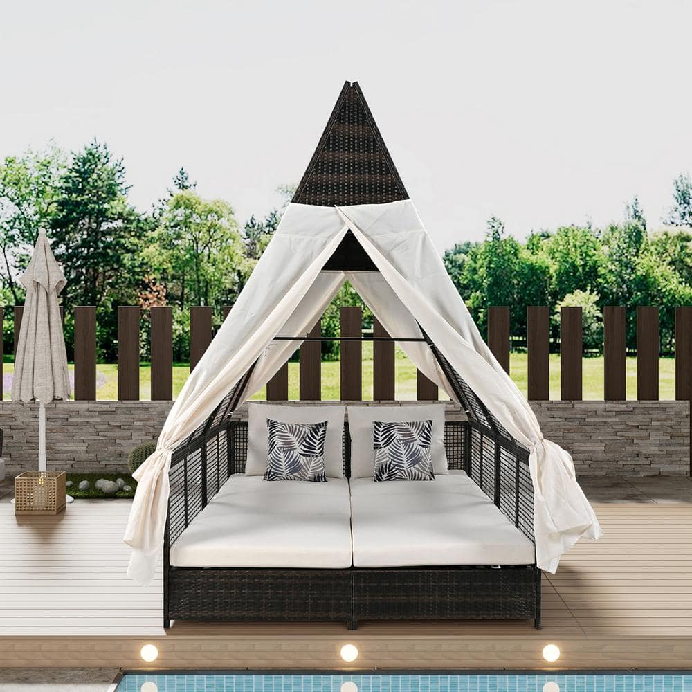 PE Wicker Outdoor Day Bed Patio Lounge Bed with Curtains, Adjustable Backre