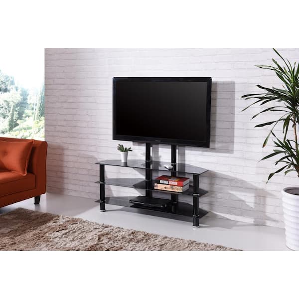 HODEDAH 43 in. Black Glass TV Stand Fits TVs Up to 55 in. with Cable Management