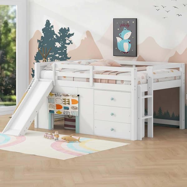 White Full Wood Loft Bed with Slide, Three Storage Drawers and Two Doors