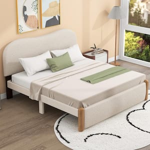 Beige Wood Frame Full Size Berber Fleece Upholstered Platform Bed with Support Legs, Arc-Shaped Headboard