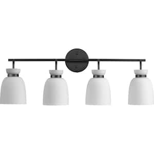 Lexie 30 in. 4-Light Matte Black Vanity Light with Opal Glass Shade