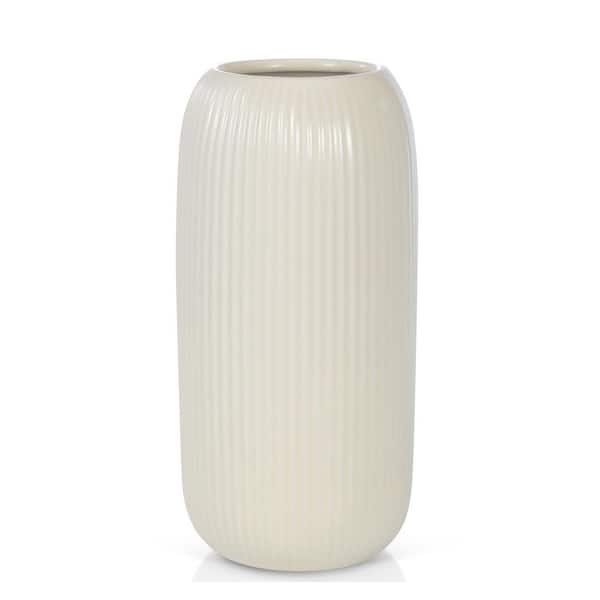 Unbranded 8 in. Beige Ceramic Bottle Decorative Vase, Modern Small Ribbed Textured Flower Vase for Home Decor