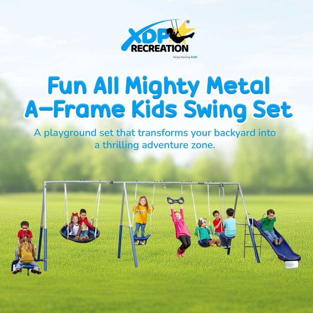 XDP Recreation Fun All Mighty Blue and Silver Metal Swing Set with Slide and Multiple Swings