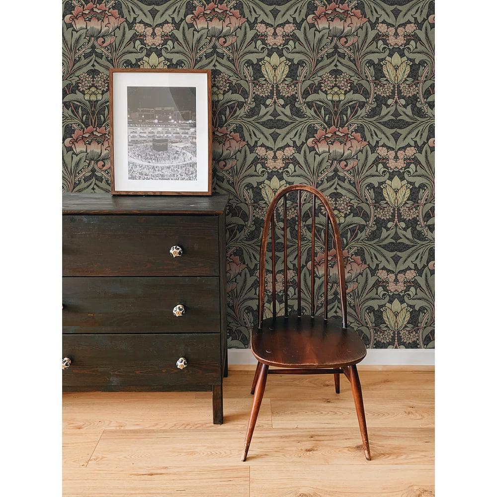 Charcoal and Rosewood Acanthus Floral Peel and Stick Wallpaper