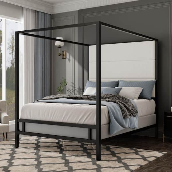 Leon White Wood and Black Metal Frame King Size Canopy Bed with Tall Linen Upholstered Headboard