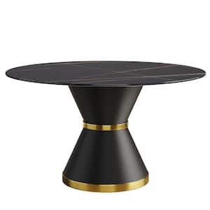 53.15 in. Round Sintered Stone Black Dining Table with Black Pedestal Metal Base (Seat 6)
