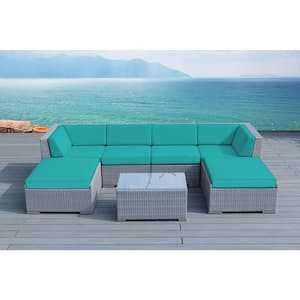 Ohana Gray 7-Piece Wicker Patio Seating Set with Supercrylic Turquoise Cushions