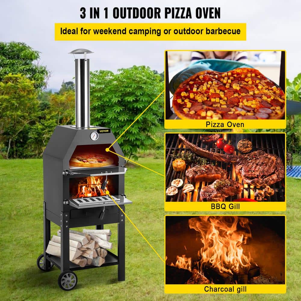Black Steel 2-Layer Outdoor Gas Pizza Oven with Wheels