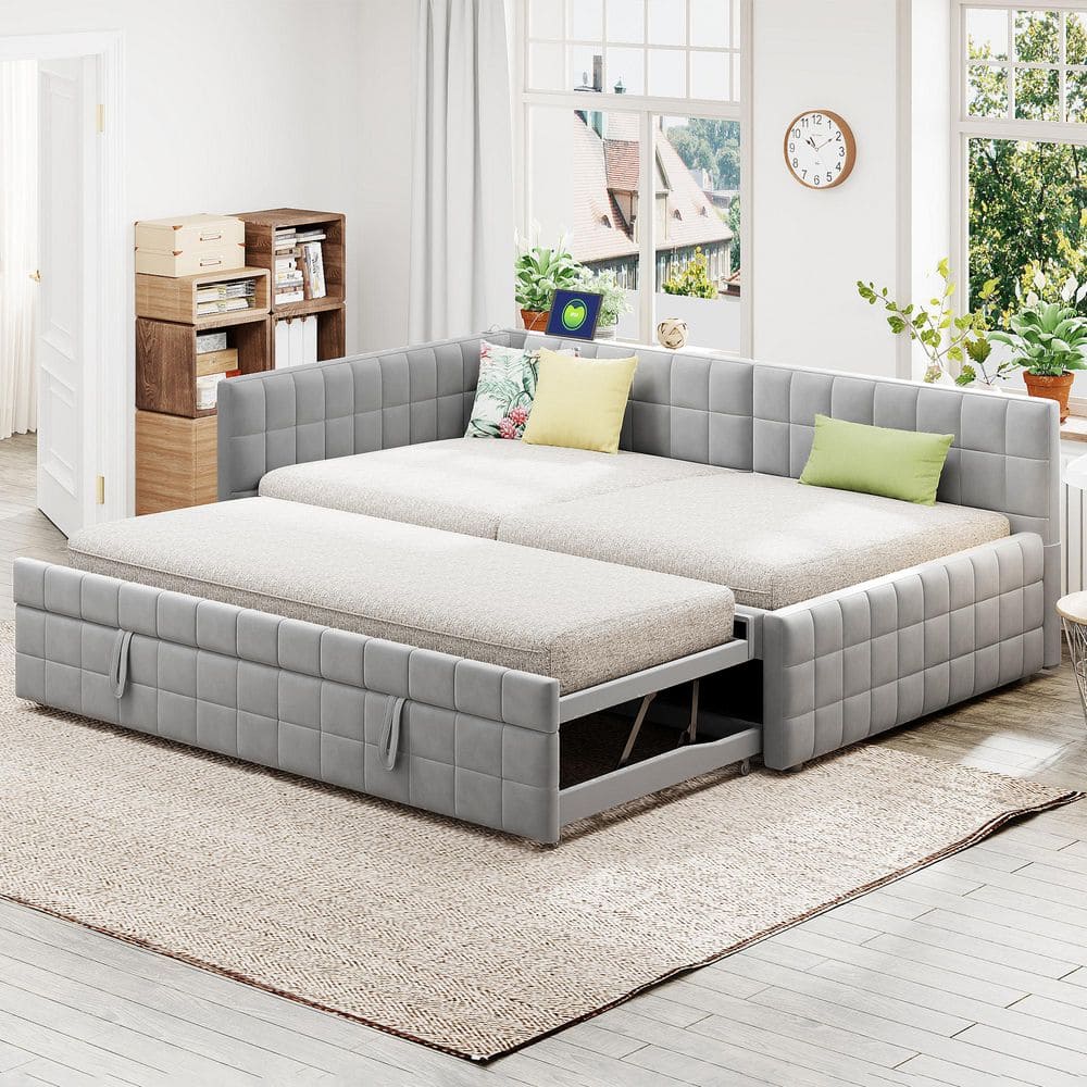 Harper & Bright Designs L-Shaped Gray Full Size Velvet Upholstered