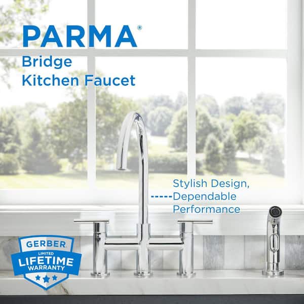 Parma Double Handle Bridge Kitchen Faucet with Side Spray in Polished Chrome
